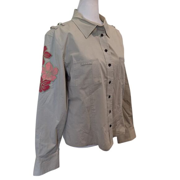 Garnet Hill Embroidered Flower Khaki Utility Button Up Size 12 - Picture 1 of 4